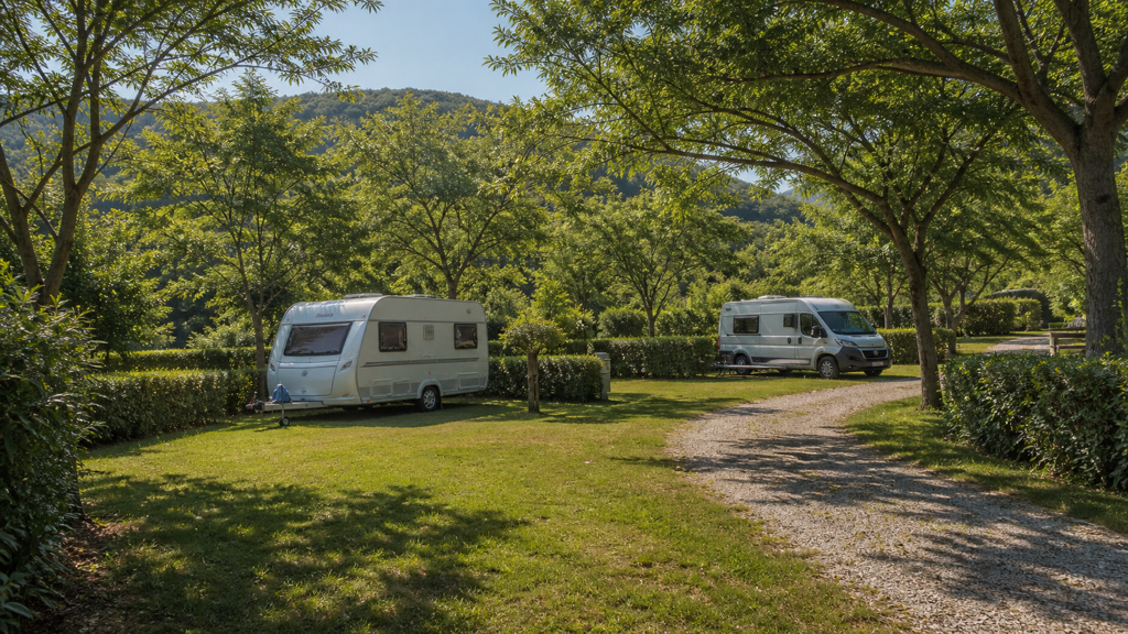 Camping sfeerfoto van schaduwrijke toerplaatsen met caravan en camper bij Levanto