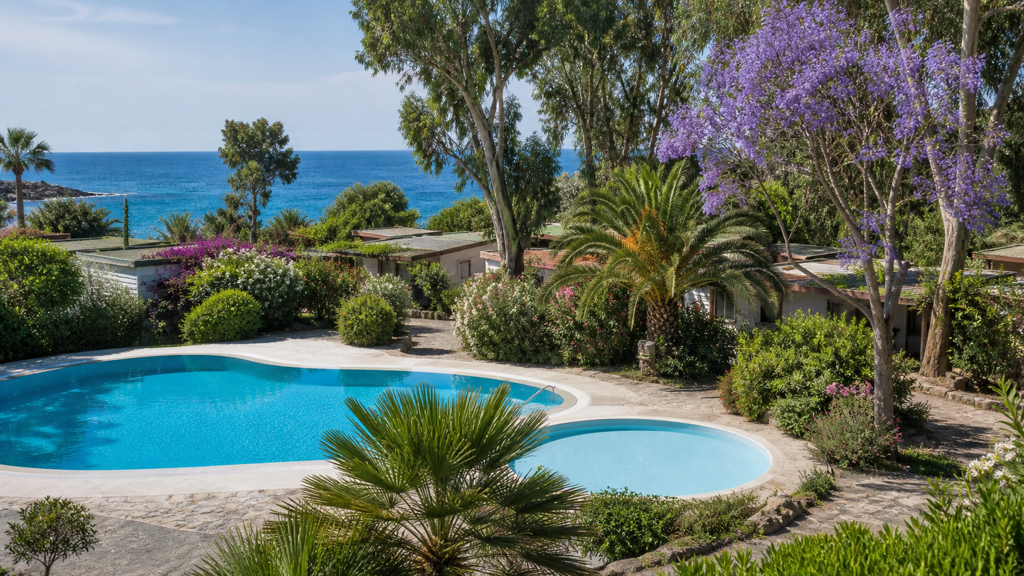 Camping sfeerfoto van zwembaden in een groene tuin aan de Ligurische kust bij Sanremo