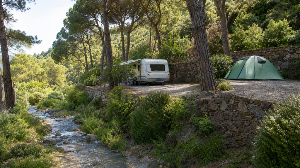 Camping sfeerfoto van terrasplaatsen onder pijnbomen langs een beek bij Deiva Marina
